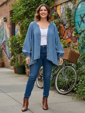 Flying Tomato Washed Denim Button Front Top NWOT Blue 1X Long Sleeve Shirt